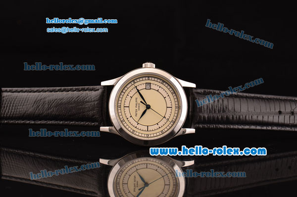 Patek Philippe Calatrava Swiss ETA 2824 Automatic Steel Case with Black Leather Strap Beige Dial - Click Image to Close